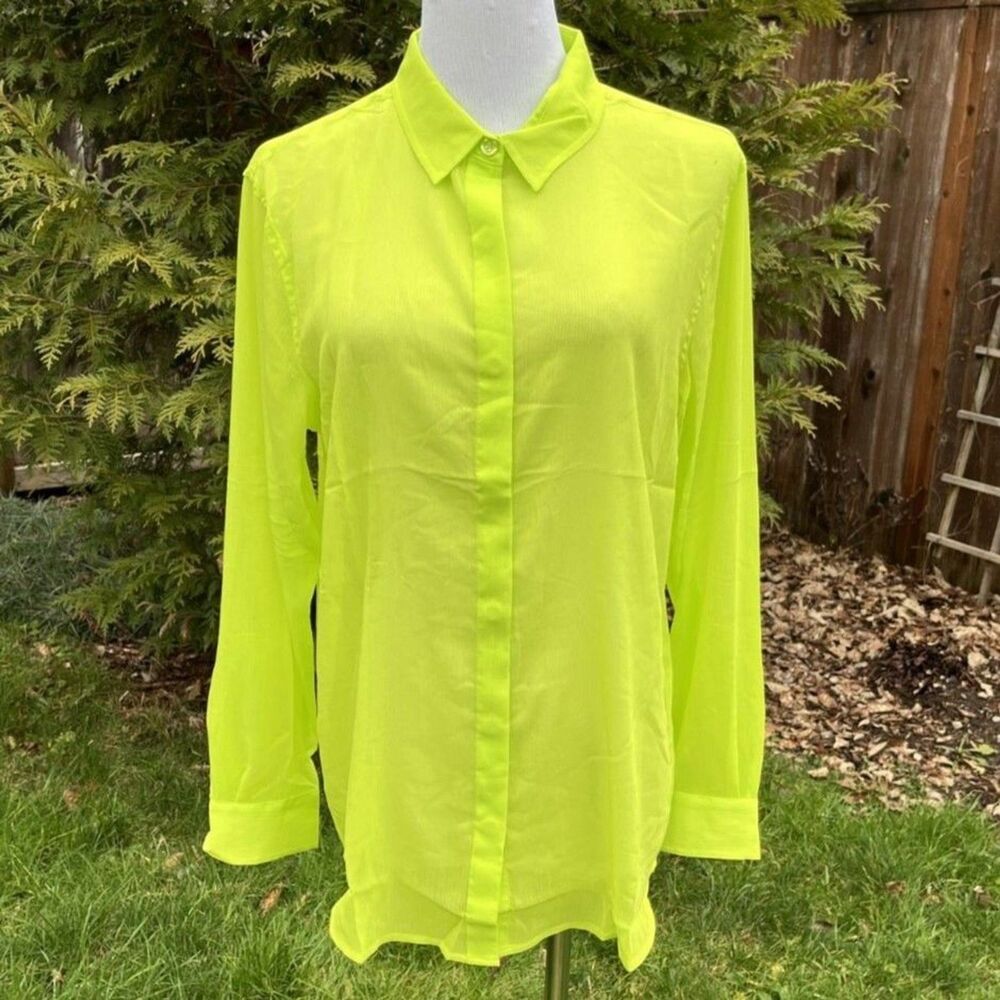 Wildfang The Empower Sheer Long Sleeve Button Up XL– Neon Green - Picture 2 of 9